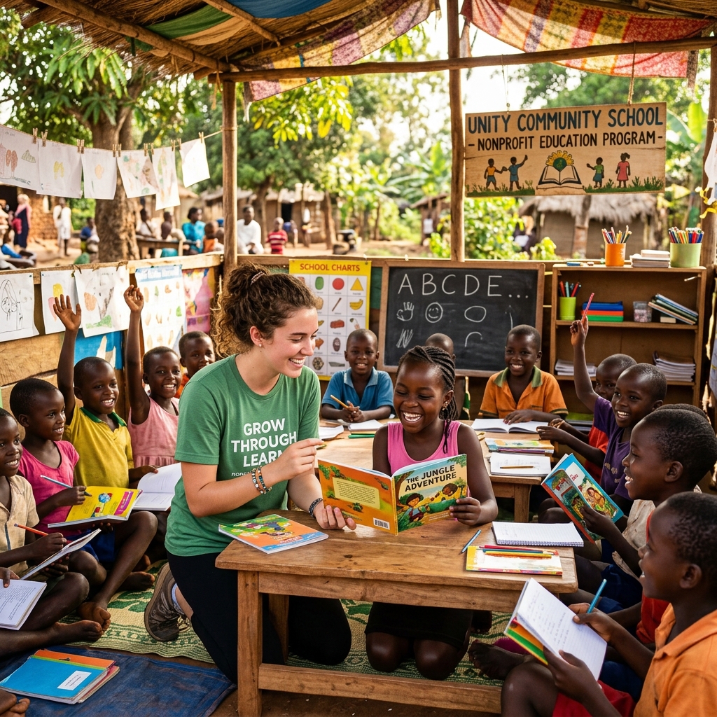 Volunteer teaching children